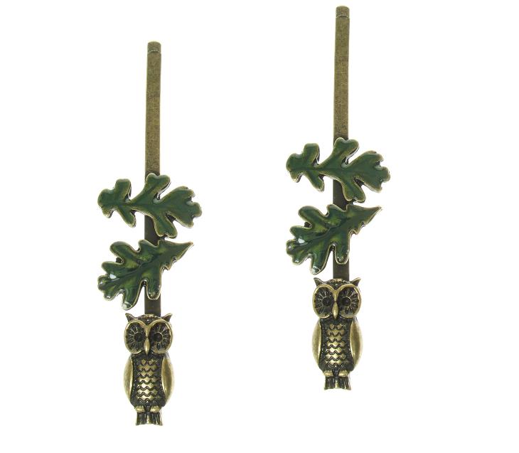 Wild Wood Owl & Oak Leaf Hair Slides