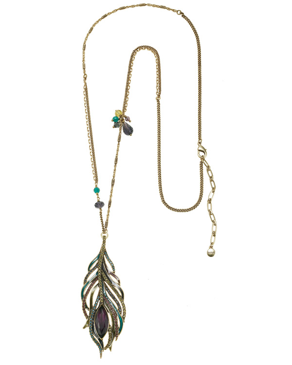 Peacock Feather Pendant Long Necklace - Burnished Gold Plate