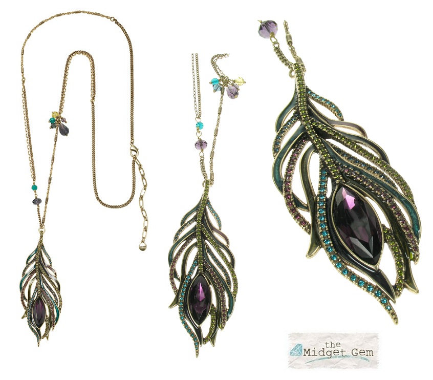 Peacock Feather Pendant Long Necklace - Burnished Gold Plate