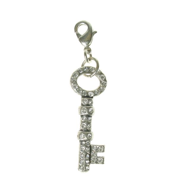 Pilgrim Charm Swarovski Crystal Studded Key - Clear/Silver Plate