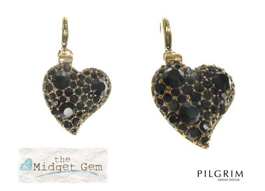 Pilgrim Charm Jet Black Swarovski Studded Gold Heart