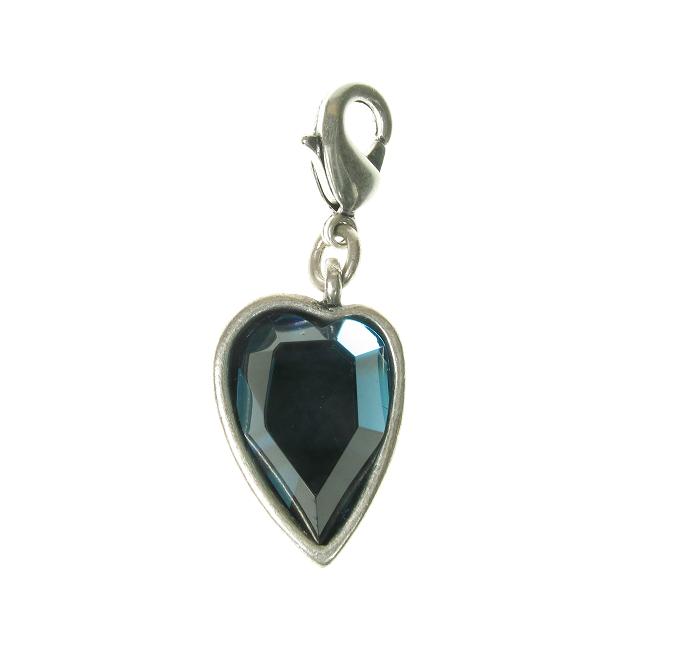 A & C Faceted BLUE Crystal Heart Charm Silver Plate