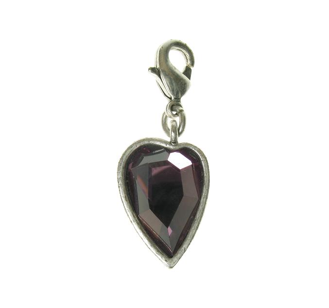 A & C Faceted PURPLE Crystal Heart Charm Silver Plate
