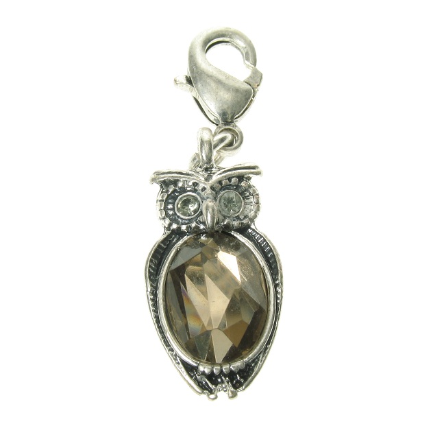 A & C Little OWL Silver Plate & Crystal Charm