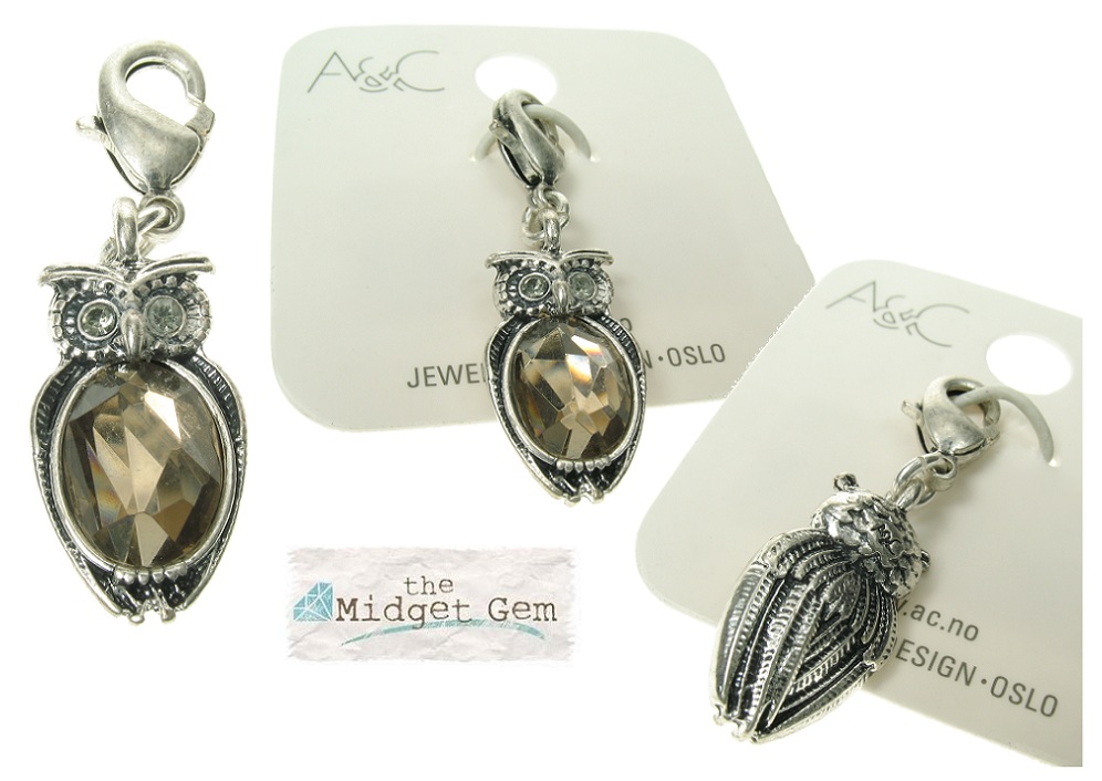A & C Little OWL Silver Plate & Crystal Charm