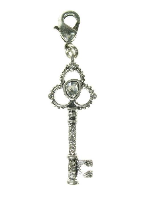 A & C Ornate Swarovski Key Charm Silver Plate