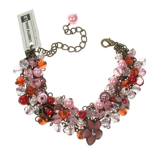 Lisbeth Dahl Flower Charms & Pearl Bracelet - Vintage Gold/Pinks/Reds
