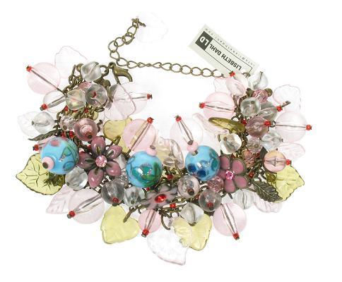 Lisbeth Dahl Leaf & Flower Charm Bracelet - Vintage Gold/Pinks/Turquoise