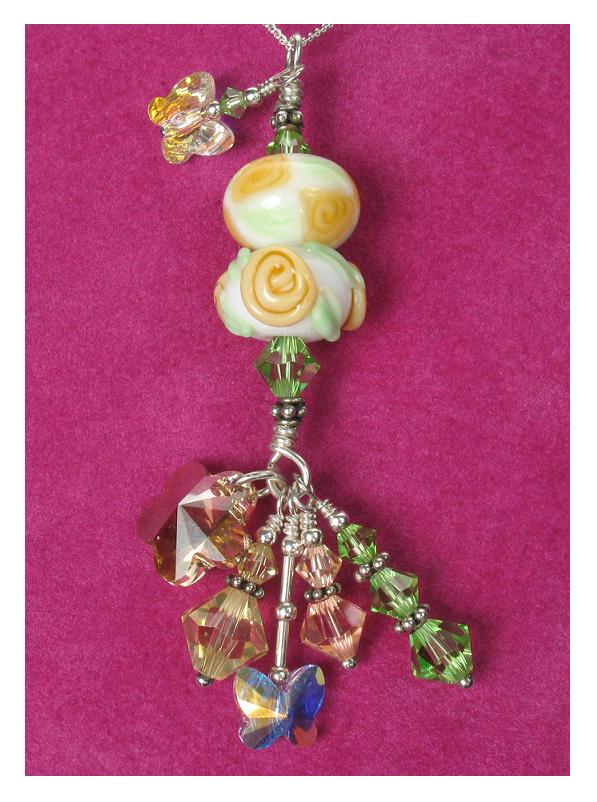 OOAK GLASSIER Glass Duo Pendant - Apricot & White Roses & Chain