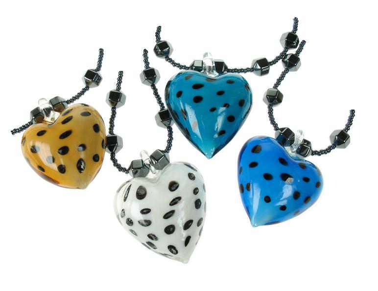 PINK Hematite & Polka Dot Glass Heart Necklace