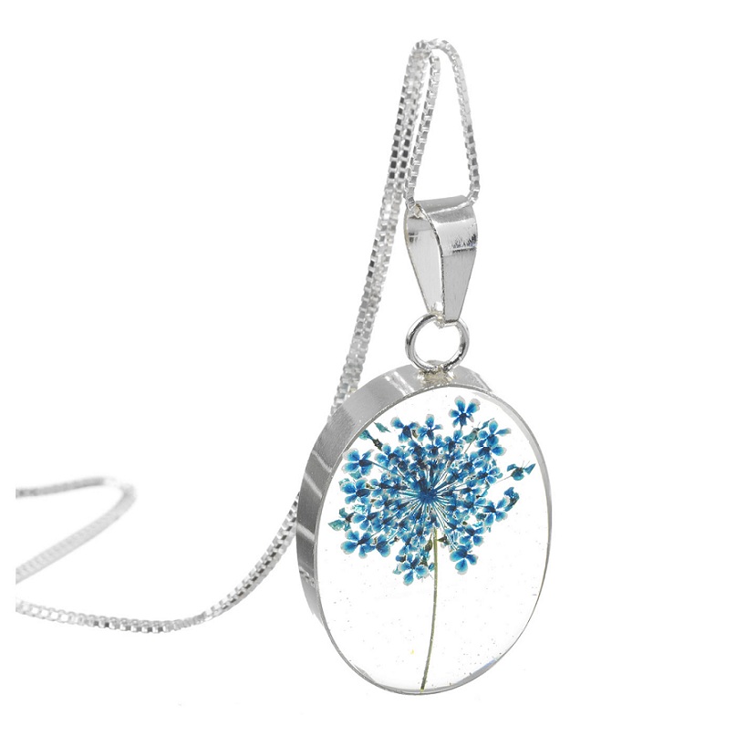 Blue Gypsophila Flower Oval Pendant & Chain - Sterling 925 Silver