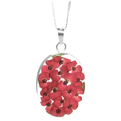 Red Poppy Flower Oval Pendant & Chain - Sterling 925 Silver