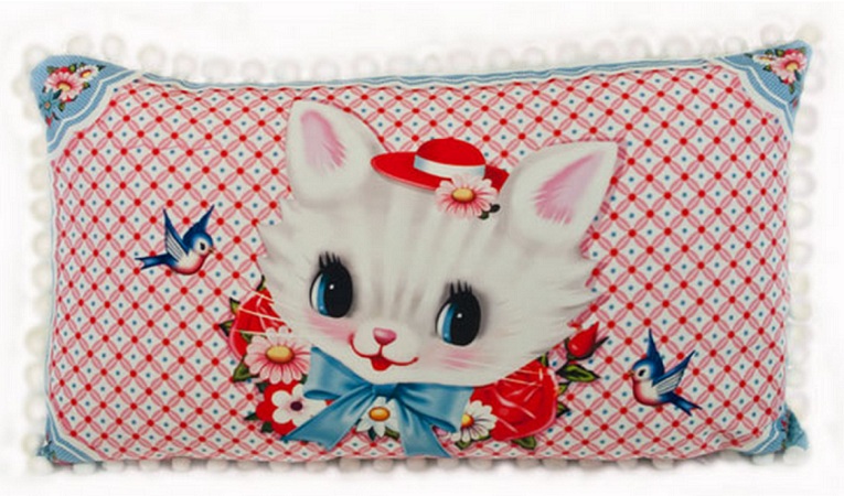 White Kitten Bolster With Pom Poms - Fiona Hewitt