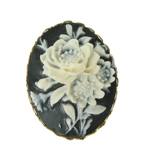 Maria Allen Black & White Rose Cameo Brooch - Gold Plate