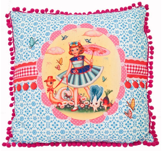 Snail & Girl Square Cushion With Pom Poms - Fiona Hewitt