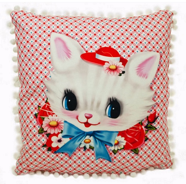 White Kitten Square Cushion With Pom Poms - Fiona Hewitt
