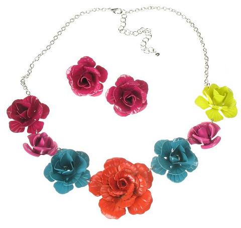 Vintage Metal Rose Necklace & Earrings