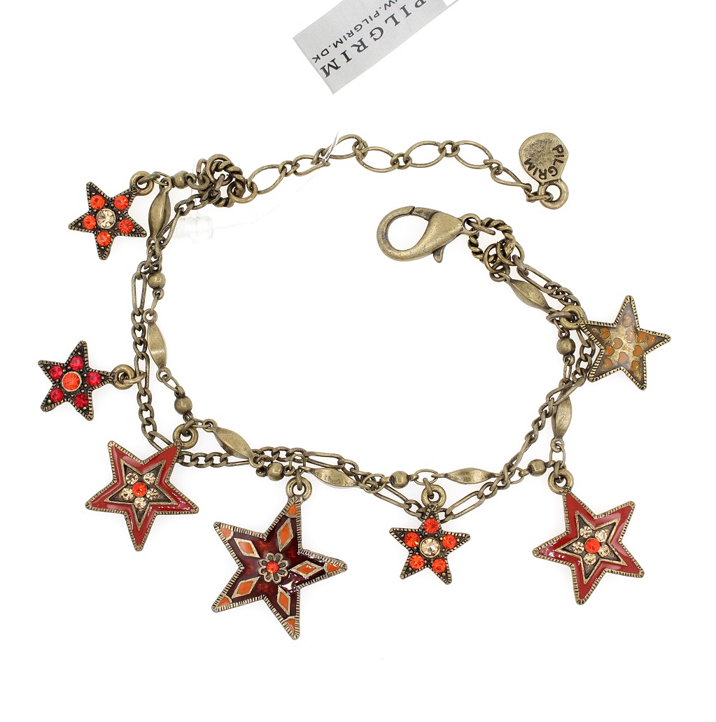 PILGRIM - STARS - Double Strand Charm Bracelet - Gold Plate/Red Swarovski BNWT