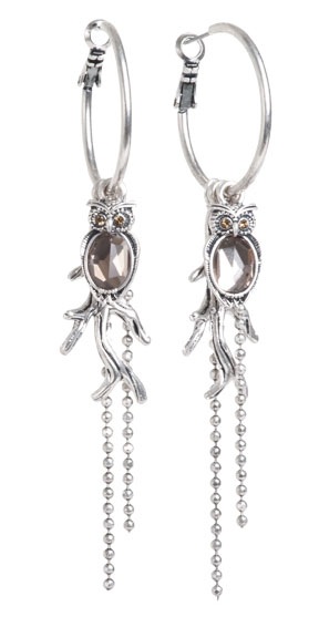 A & C Owl Hoop Earrings - Burnished Silver Plate & Hand Cut Crystal