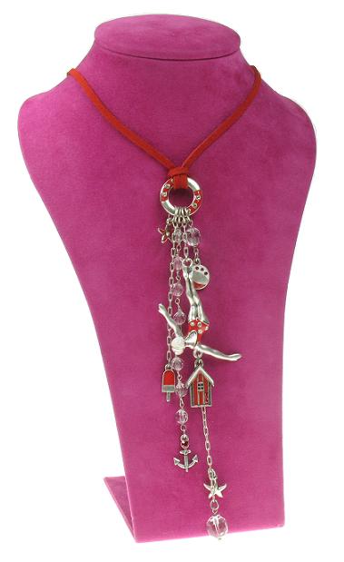 A & C Beach House Charm Tassel Necklace - Silver/Red