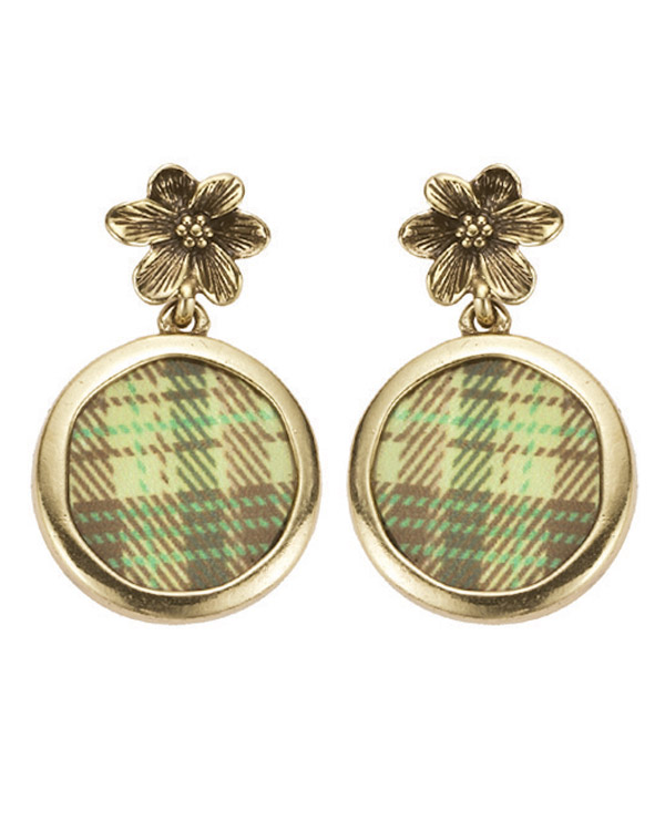 Bohm - All That Plaid - Flower Drop Earrings Gold/Green BNWT