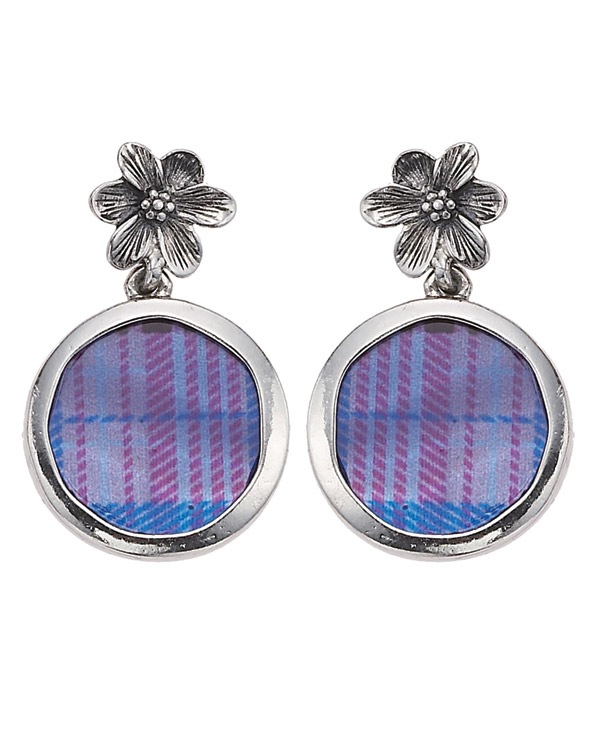 Bohm - All That Plaid - Flower Drop Earrings Rhodium Silver/Purple BNWT