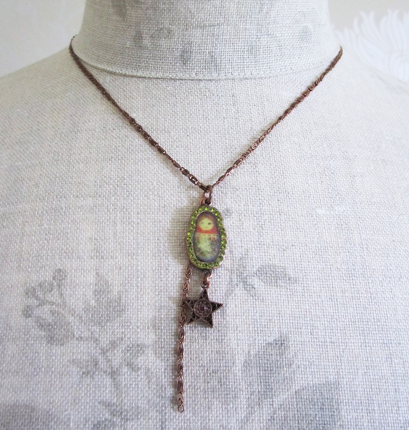 PILGRIM - Single Small Russian Doll Necklace - Copper/Green BNWT