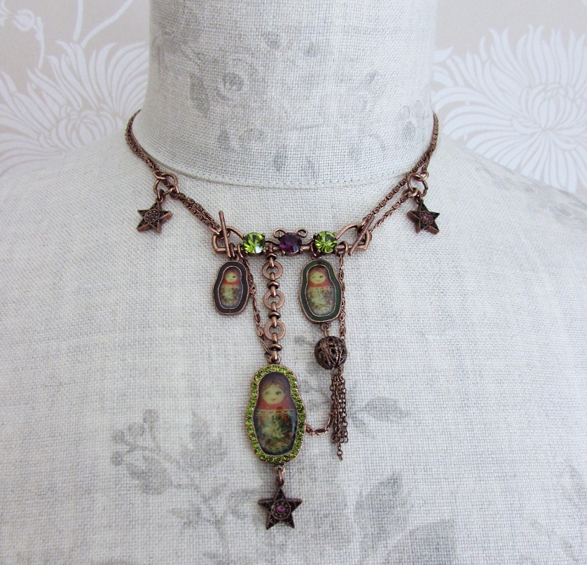 PILGRIM - Russian Doll Necklace - 2 Lengths - Copper/Green/Purple BNWT
