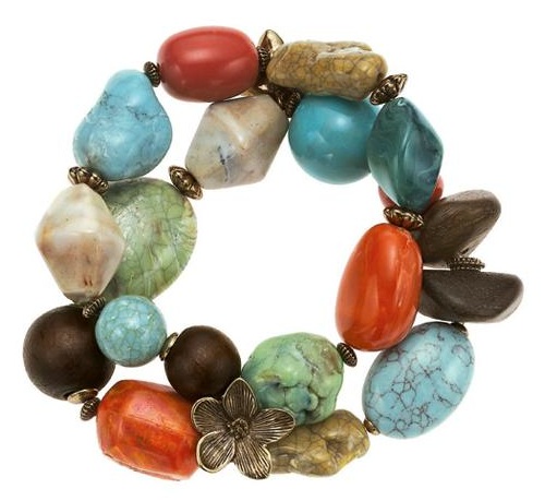 Boho Glam Stretch Bracelet - Coral/Turquoise/Brown