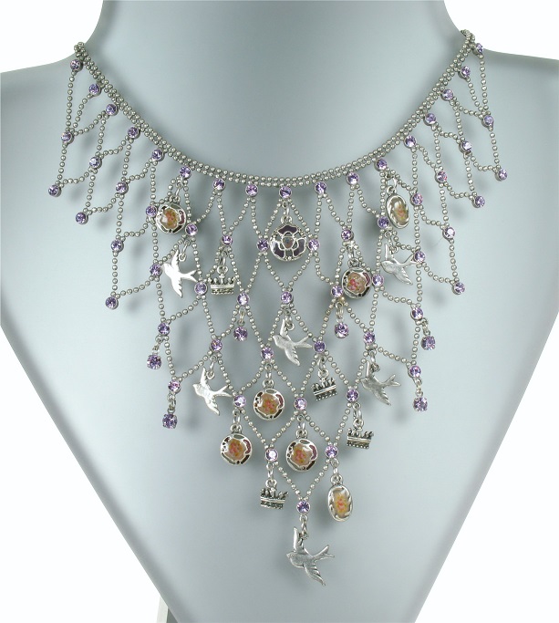 PILGRIM - Cameo Birds - V-Shaped Necklace Silver Lilac Purple Swarovski Crystal BNWT