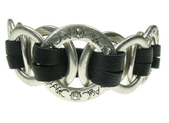 A & C Leather Ring Bracelet - Black & Silver Plate