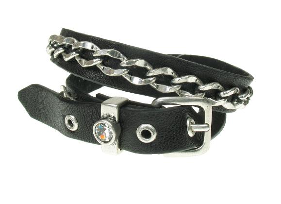 A & C Leather Wrap Bracelet - Black & Silver Plate