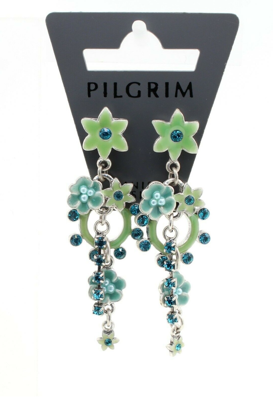 PILGRIM - Enchanted Flower - Longer Drop Earrings - Silver Plate/Aqua Blues BNWT
