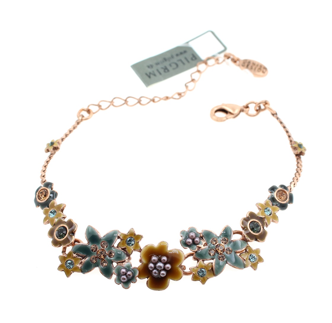 PILGRIM - Enchanted Flower - Clusters of Flowers Bracelet - Copper Plate/Grey & Ochre BNWT