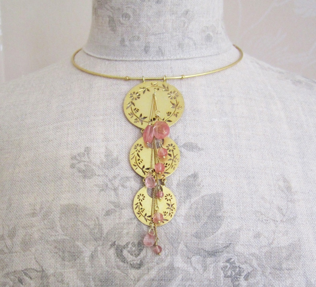PILGRIM - Precious Moments - Collar Pendant Necklace - Gold Plate/Cherry Quartz Stones BNWT