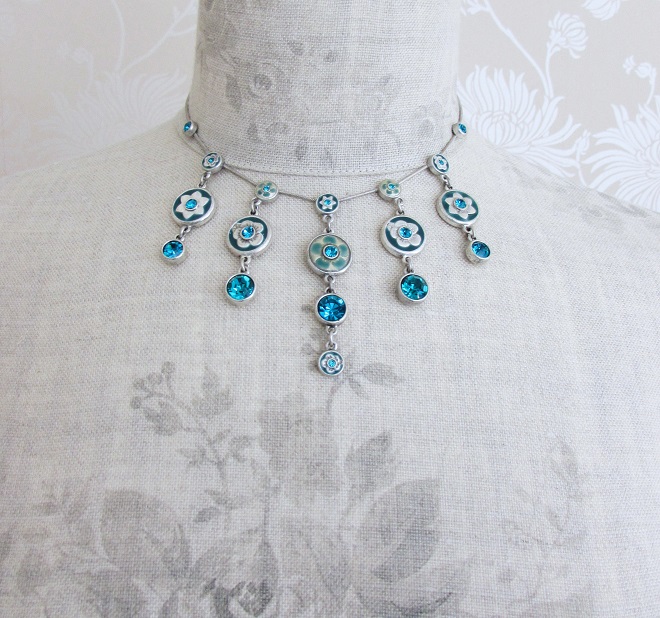 PILGRIM - Bling & Flower - Cascade Necklace - Oxidised Silver/Turquoise BNWT
