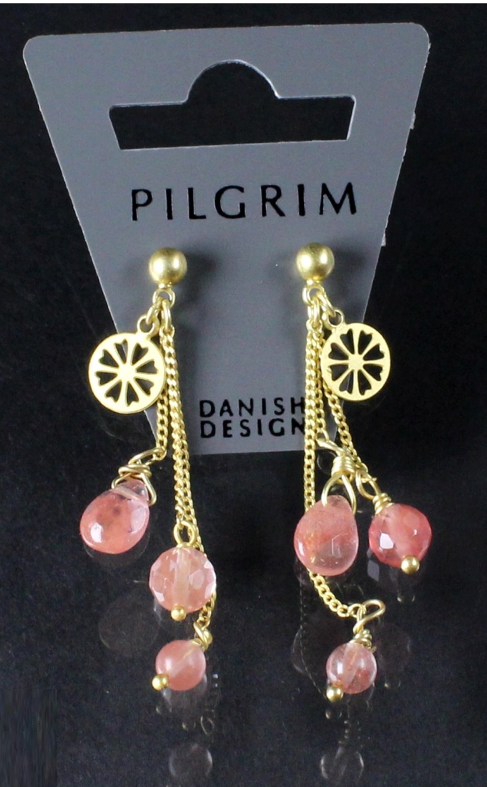 PILGRIM - Precious Moments - Drop Earrings - Gold Plate/Cherry Peach Quartz Stones BNWT