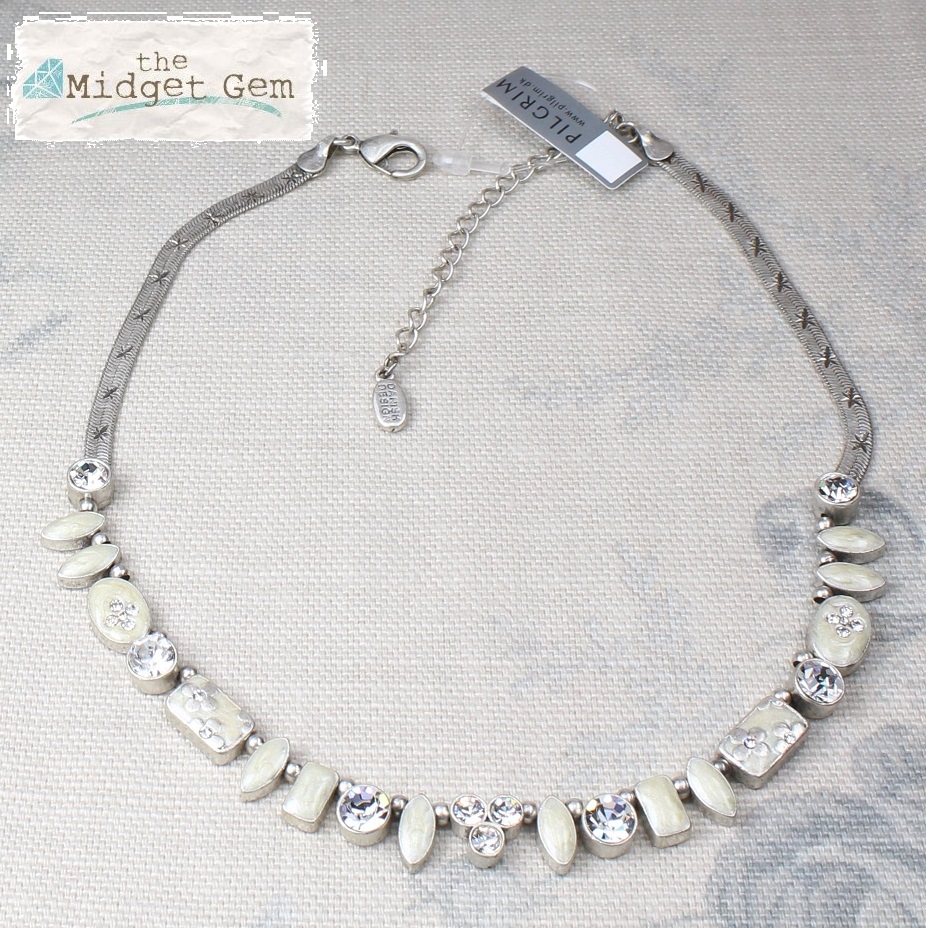 PILGRIM - Geo - Necklace - Oxidised Silver/Cream Pearl & Clear BNWT