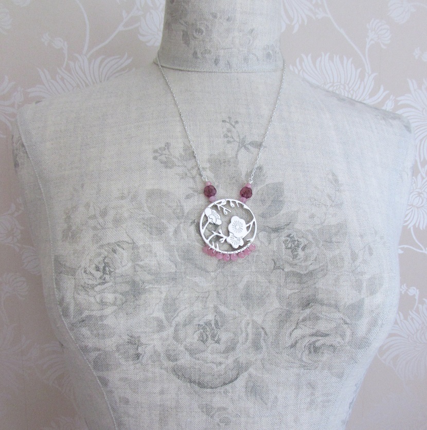 PILGRIM - Oriental - Pendant Necklace - Silver Plate & Pink Glass Flowers & Quartz BNWT