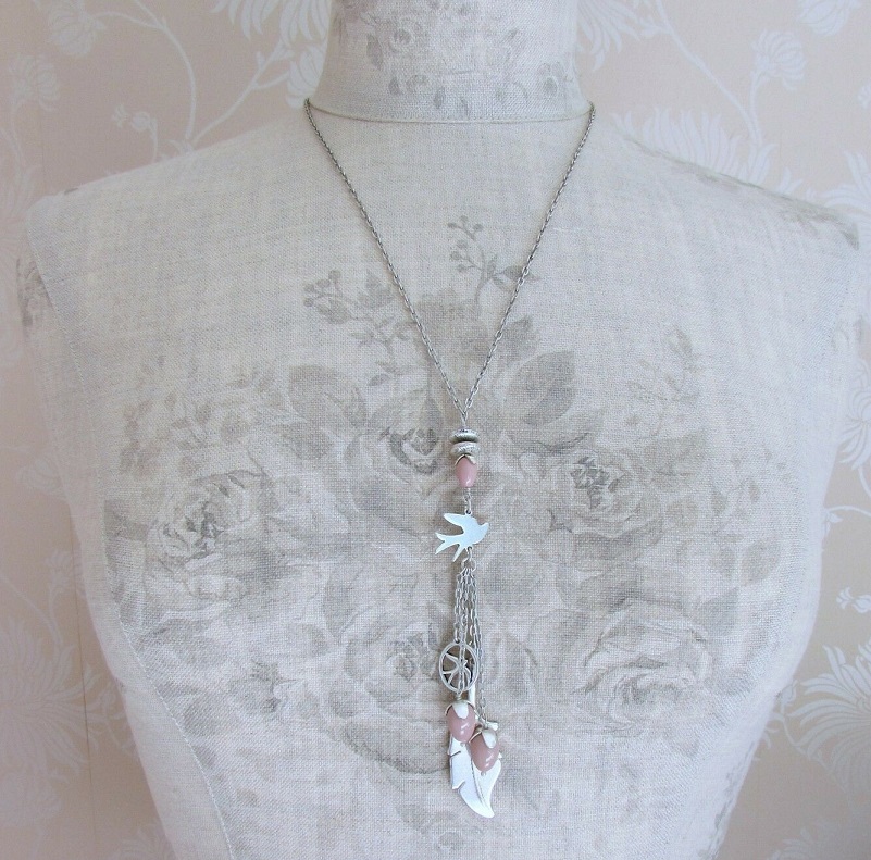 PILGRIM - Birds - Tassel Pendant Necklace - Silver/Pink BNWT