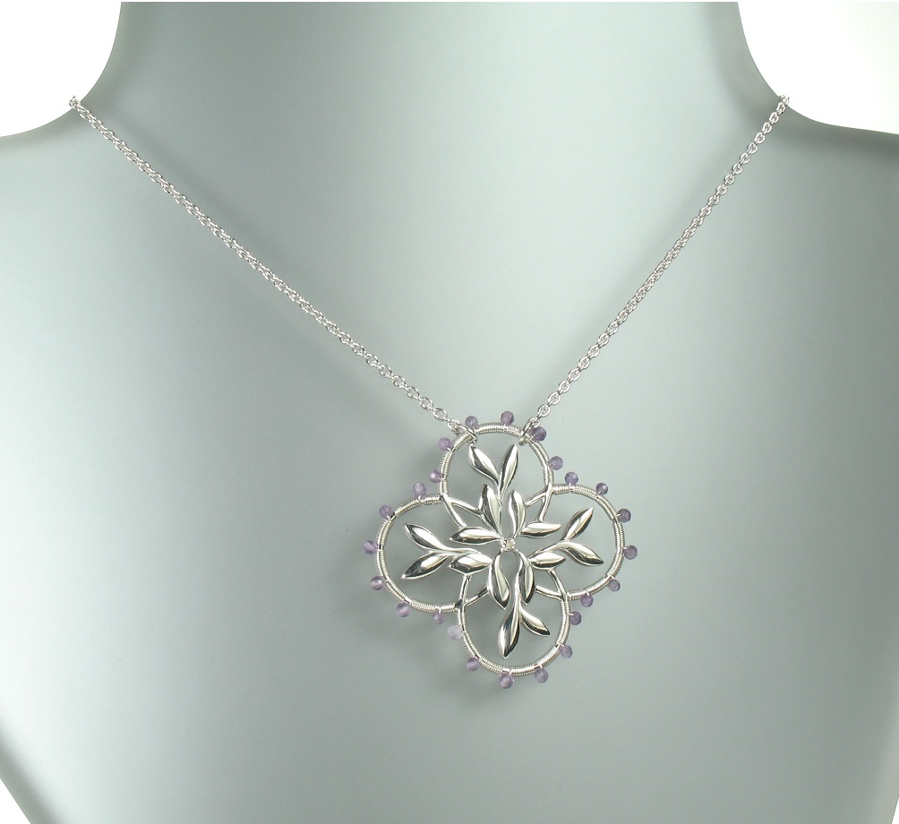 PILGRIM+ 925 Solid Sterling Silver Flower Pendant Necklace With Diamond Centre & Amethyst Beads