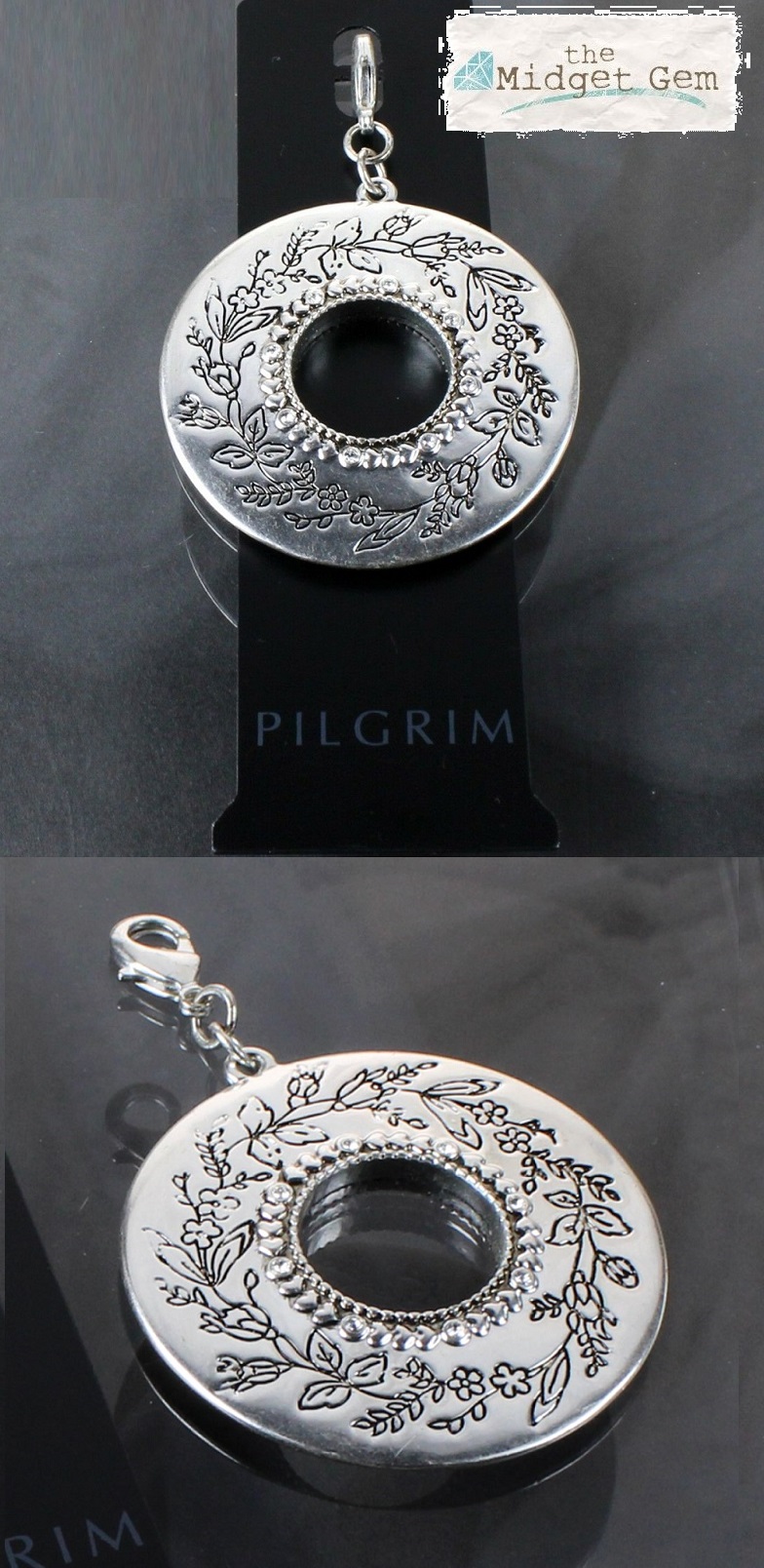 PILGRIM - MEGA Clasp on Charm -  Round Disc - Oxidised Silver BNWT
