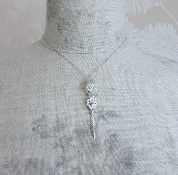 PILGRIM - Bohemian - Flower & Leaf Charm Pendant Necklace - Pink/Silver Plate BNWT