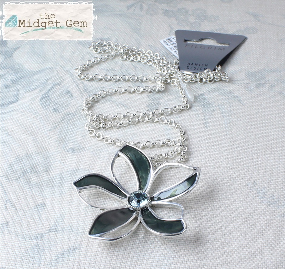 PILGRIM - Watercolour Flower - Flower Pendant Long Necklace - Blue/Silver Plate BNWT