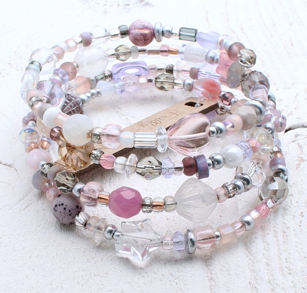 Clear, Frost, Pink & Purple Glass Bead Mix - 4 Loop Wrap Bracelet