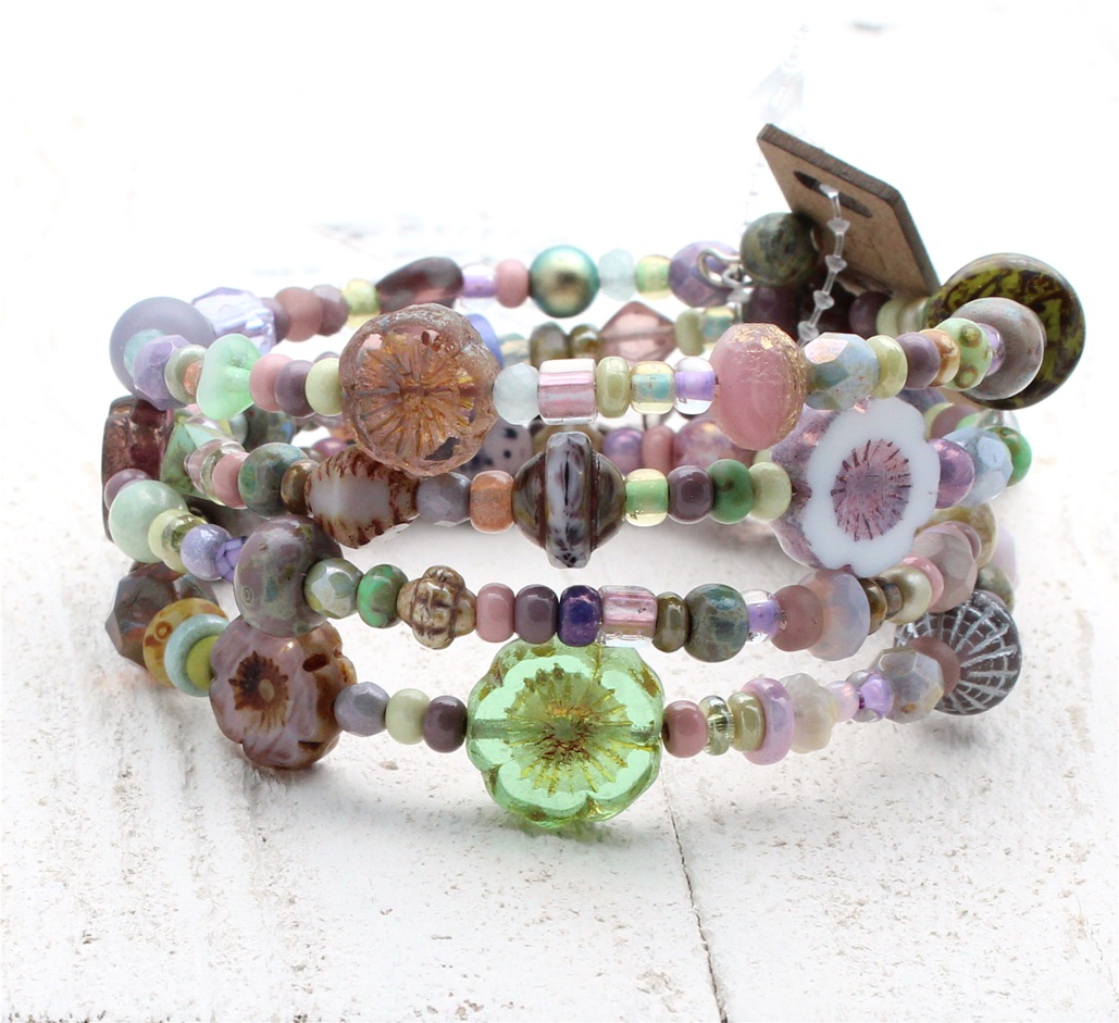 Purple, Pink & Green Dolly Mixtures Glass Bead Mix - 4 Loop Wrap Bracelet