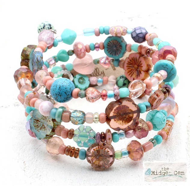 Turquoise & Dusty Pink Glass Bead Mix - 4 Loop Wrap Bracelet