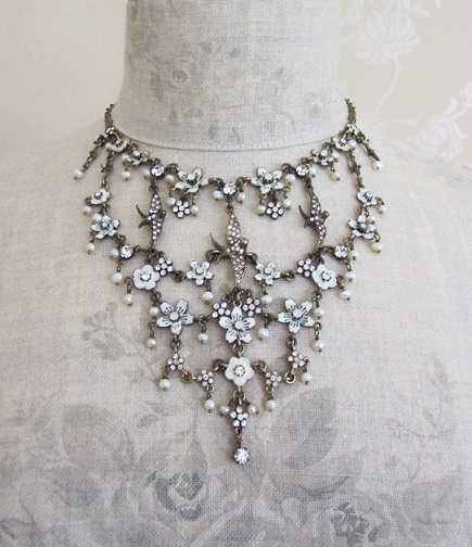 Elaborate Swallow & Flower Pilgrim Necklace White/Oxidised Bronze