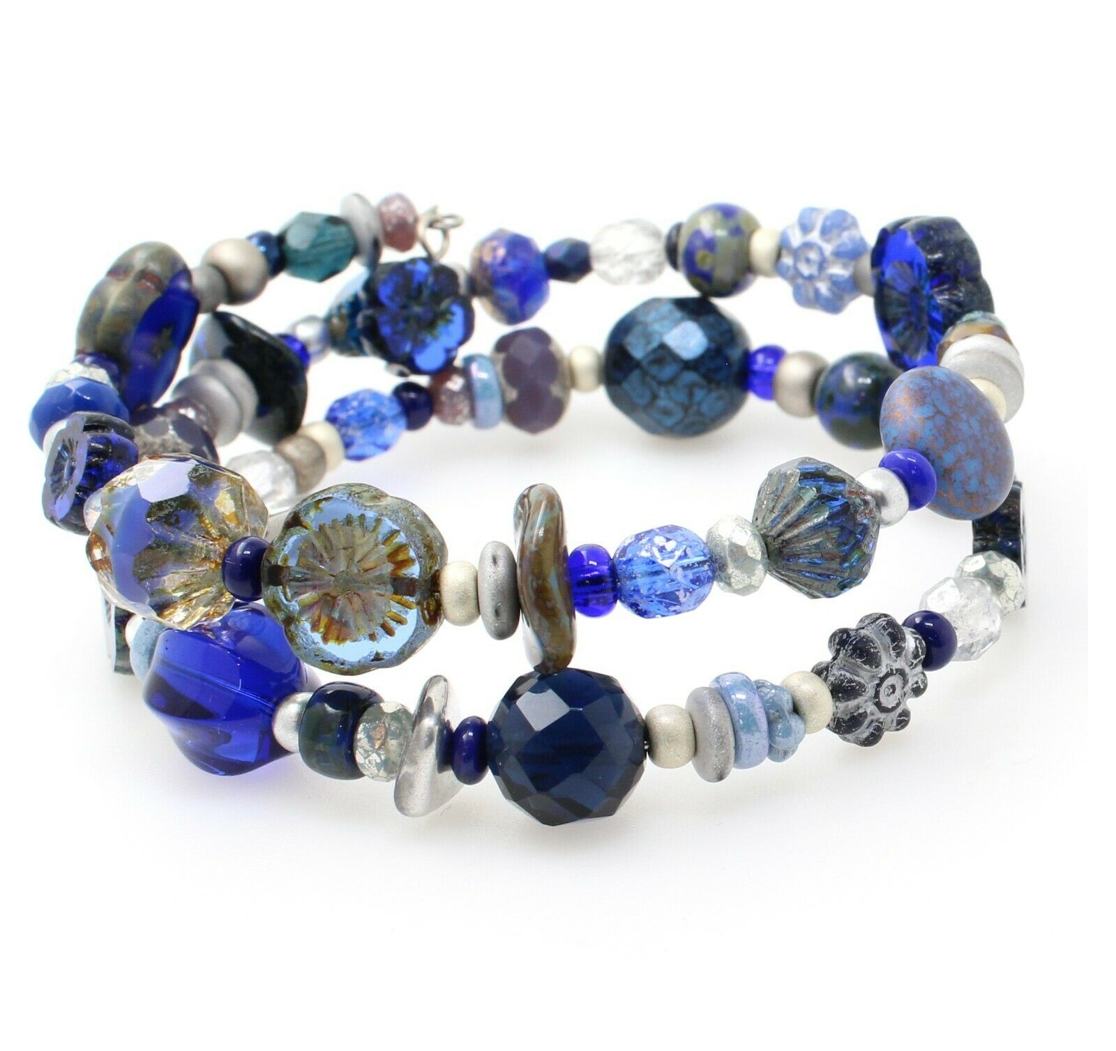 Navy Blue & Silver Glass Bead Mix Double Loop Wrap Bracelet #2
