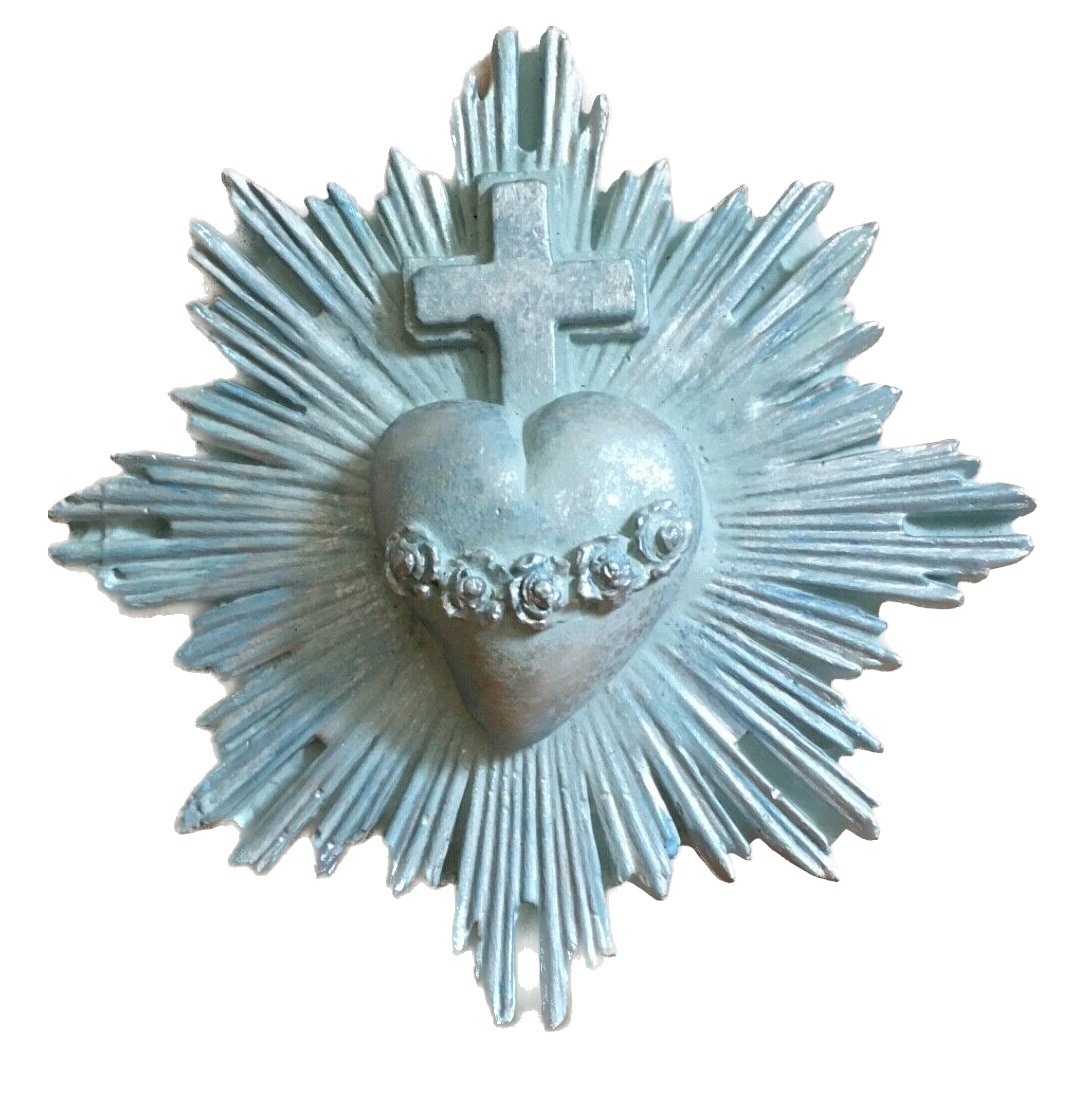 Sacred Milagro Heart & Cross Wall Plaque - Blue & Silver Patina